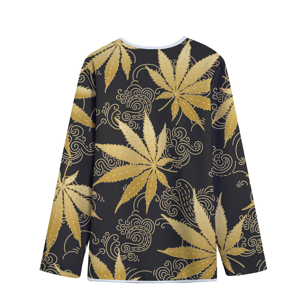 Gold Cannabis Leaf Pattern Print Long Sleeve Short Coat