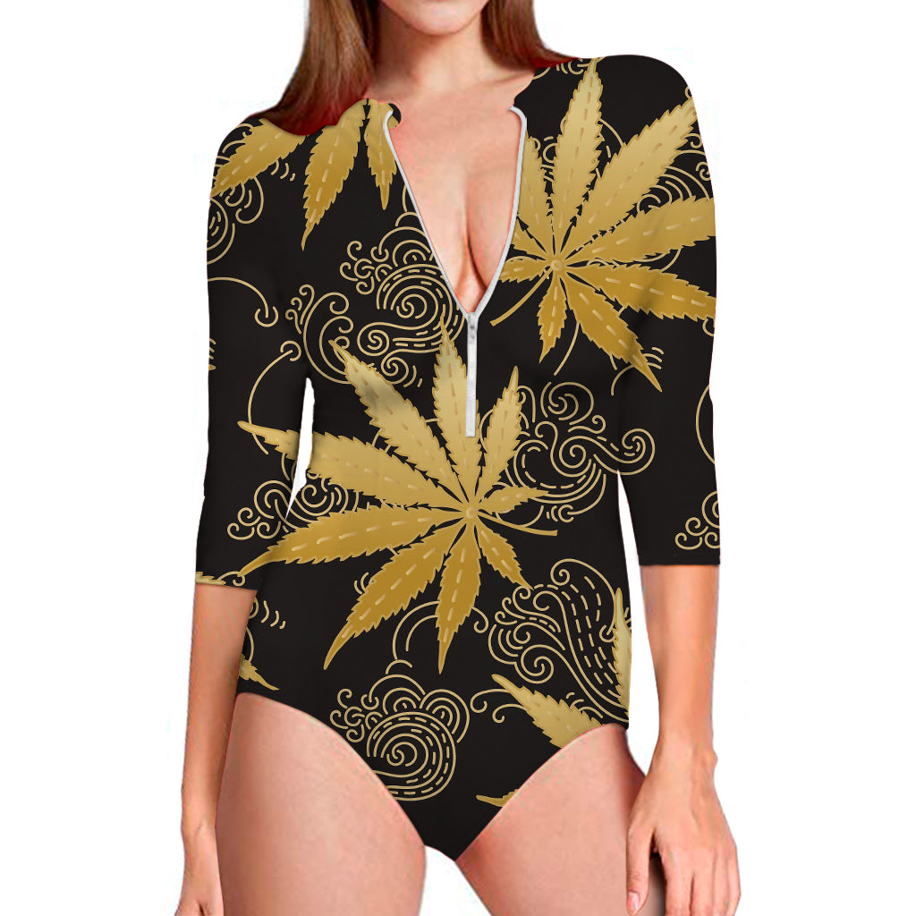 Gold Cannabis Leaf Pattern Print Long Sleeve Swimsuit