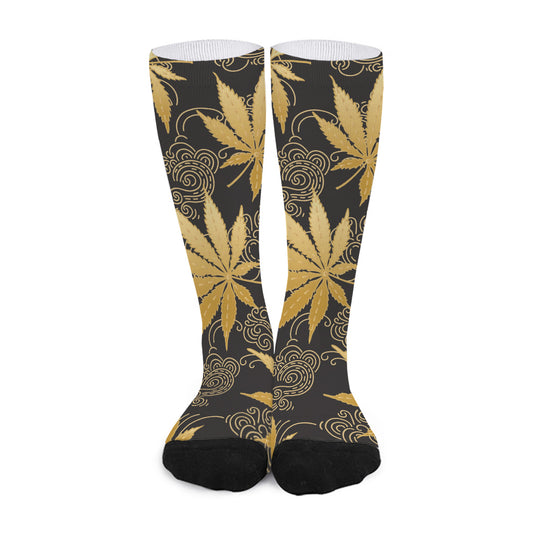 Gold Cannabis Leaf Pattern Print Long Socks
