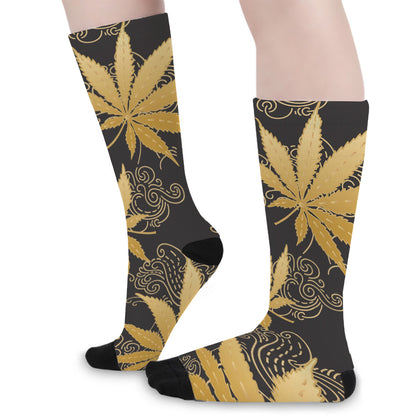 Gold Cannabis Leaf Pattern Print Long Socks