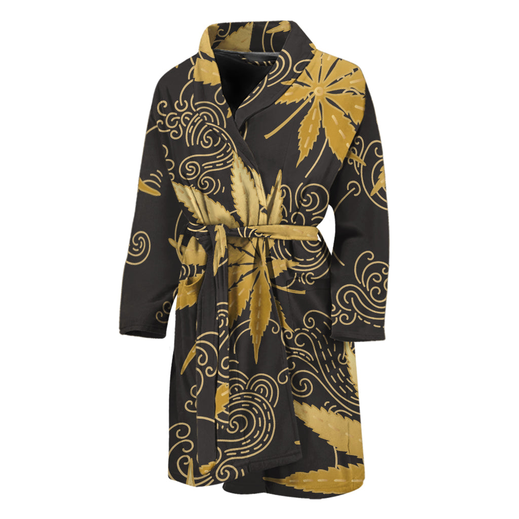 Gold Cannabis Leaf Pattern Print Men's Bathrobe