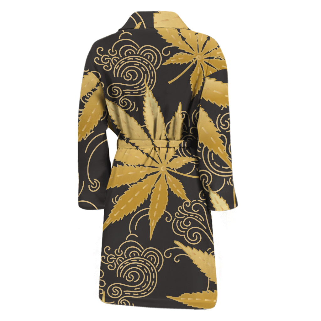 Gold Cannabis Leaf Pattern Print Men's Bathrobe