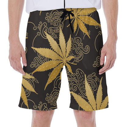 Gold Cannabis Leaf Pattern Print Men's Beach Shorts