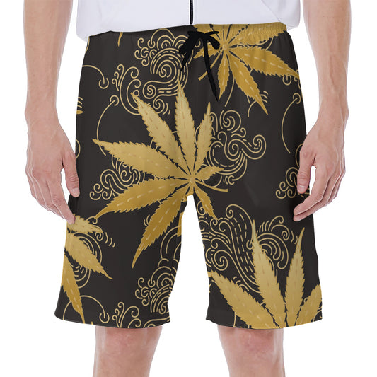 Gold Cannabis Leaf Pattern Print Men's Beach Shorts