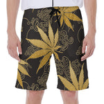 Gold Cannabis Leaf Pattern Print Men's Beach Shorts