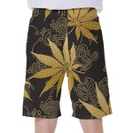 Gold Cannabis Leaf Pattern Print Men's Beach Shorts