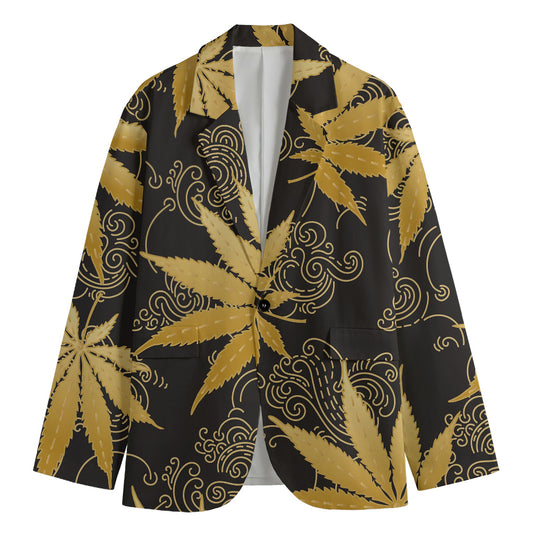 Gold Cannabis Leaf Pattern Print Men's Blazer