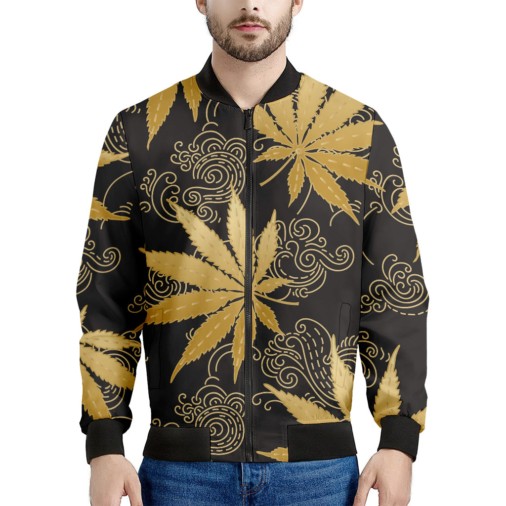 Gold Cannabis Leaf Pattern Print Men's Bomber Jacket