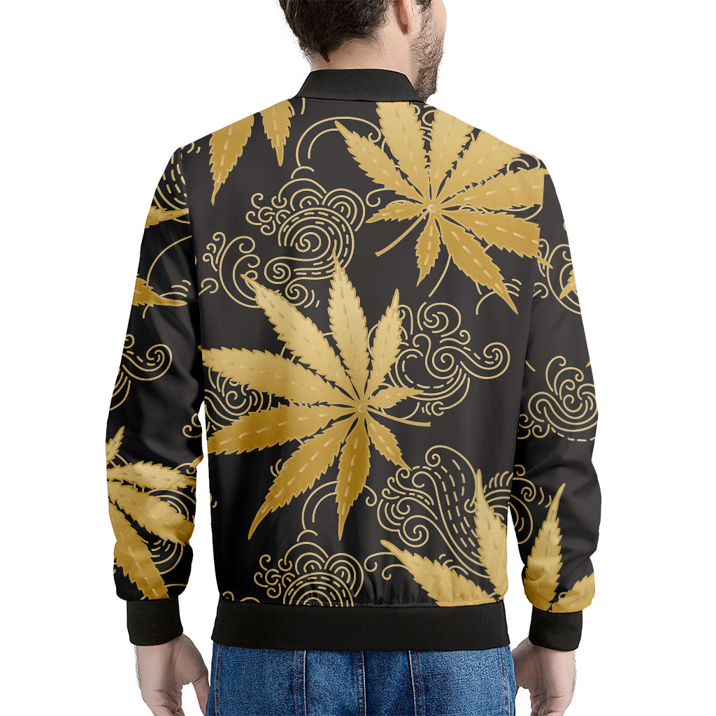 Gold Cannabis Leaf Pattern Print Men's Bomber Jacket