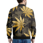 Gold Cannabis Leaf Pattern Print Men's Bomber Jacket