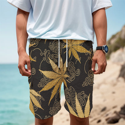 Gold Cannabis Leaf Pattern Print Men's Cargo Shorts
