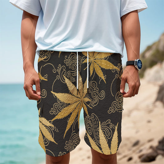 Gold Cannabis Leaf Pattern Print Men's Cargo Shorts