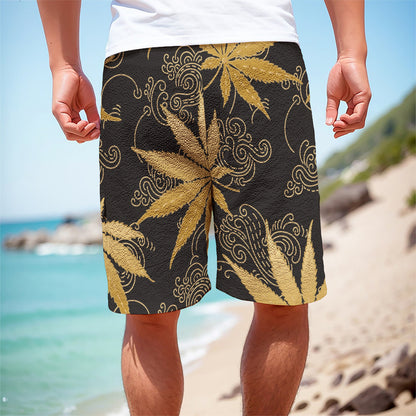 Gold Cannabis Leaf Pattern Print Men's Cargo Shorts