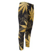 Gold Cannabis Leaf Pattern Print Men's Compression Pants