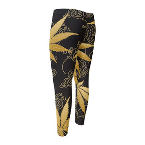 Gold Cannabis Leaf Pattern Print Men's Compression Pants