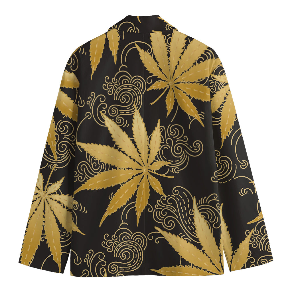 Gold Cannabis Leaf Pattern Print Men's Cotton Blazer