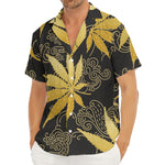 Gold Cannabis Leaf Pattern Print Men's Deep V-Neck Shirt