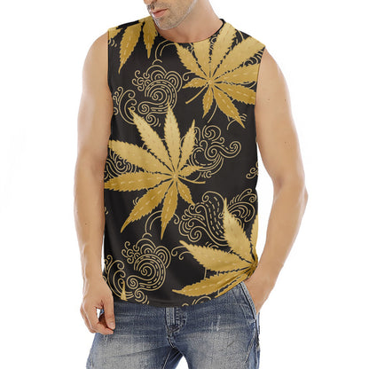 Gold Cannabis Leaf Pattern Print Men's Fitness Tank Top