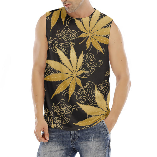 Gold Cannabis Leaf Pattern Print Men's Fitness Tank Top