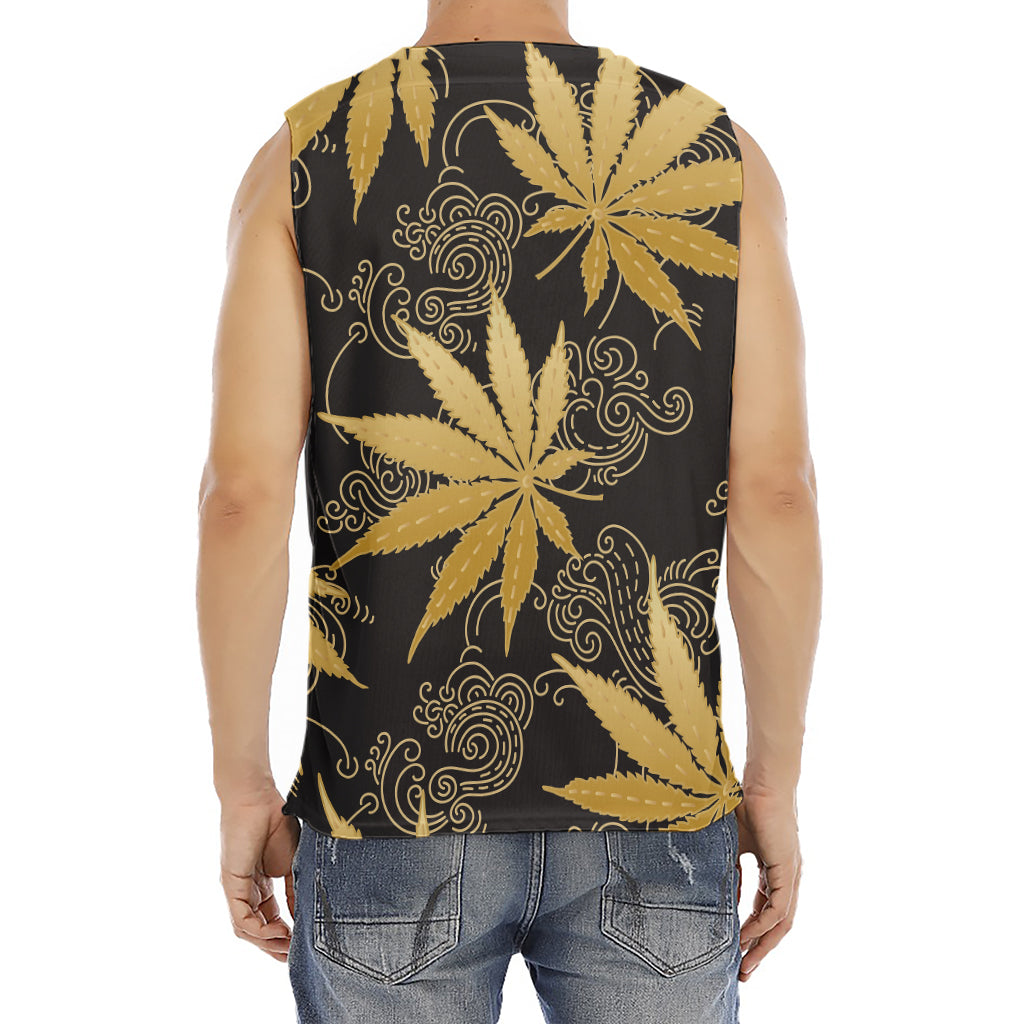 Gold Cannabis Leaf Pattern Print Men's Fitness Tank Top