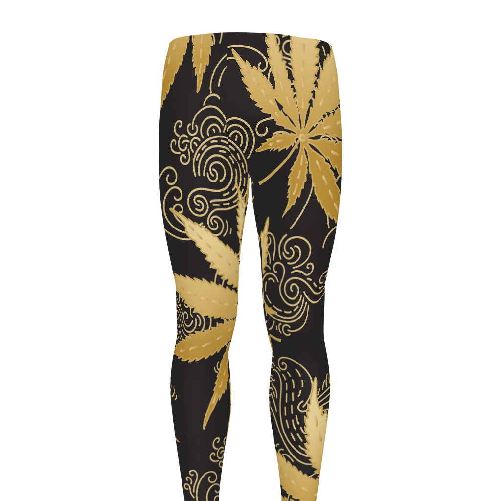 Gold Cannabis Leaf Pattern Print Men's leggings