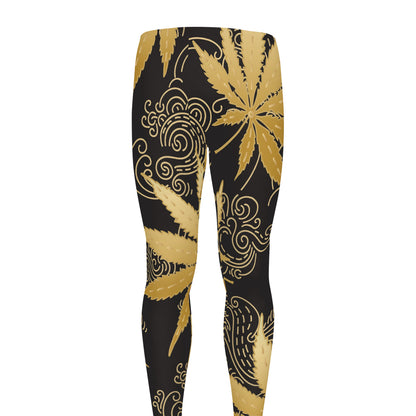 Gold Cannabis Leaf Pattern Print Men's leggings