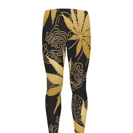 Gold Cannabis Leaf Pattern Print Men's leggings