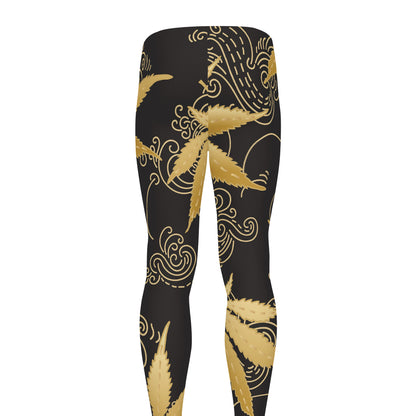 Gold Cannabis Leaf Pattern Print Men's leggings