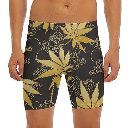 Gold Cannabis Leaf Pattern Print Men's Long Boxer Briefs