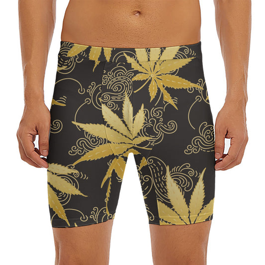 Gold Cannabis Leaf Pattern Print Men's Long Boxer Briefs