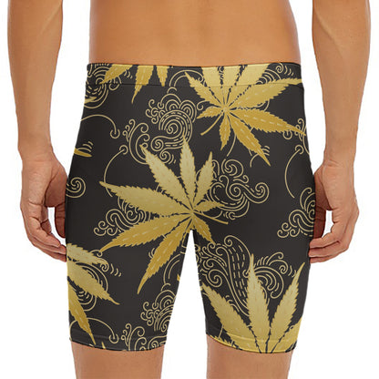 Gold Cannabis Leaf Pattern Print Men's Long Boxer Briefs