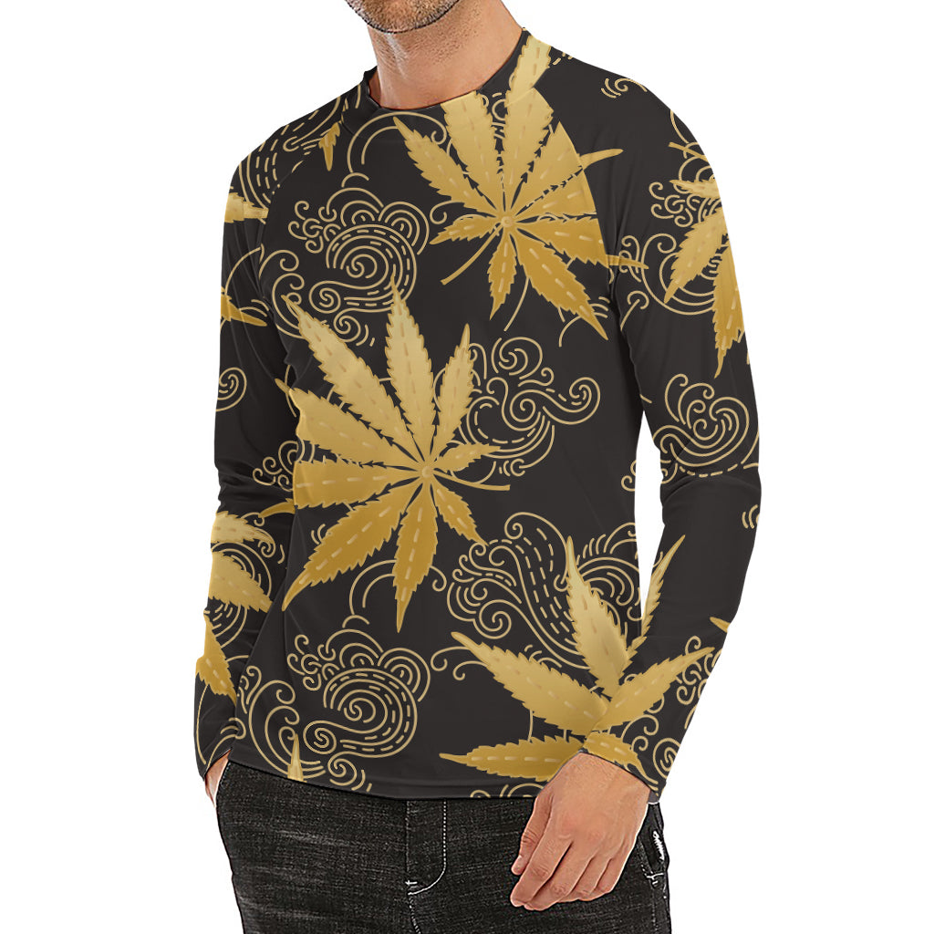 Gold Cannabis Leaf Pattern Print Men's Long Sleeve Rash Guard