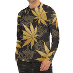Gold Cannabis Leaf Pattern Print Men's Long Sleeve Rash Guard