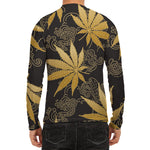 Gold Cannabis Leaf Pattern Print Men's Long Sleeve Rash Guard