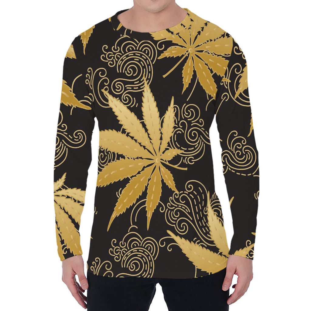 Gold Cannabis Leaf Pattern Print Men's Long Sleeve T-Shirt