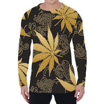 Gold Cannabis Leaf Pattern Print Men's Long Sleeve T-Shirt