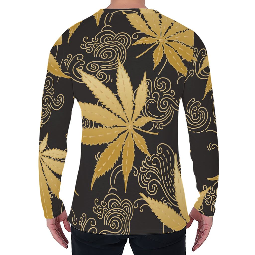 Gold Cannabis Leaf Pattern Print Men's Long Sleeve T-Shirt
