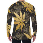 Gold Cannabis Leaf Pattern Print Men's Long Sleeve T-Shirt