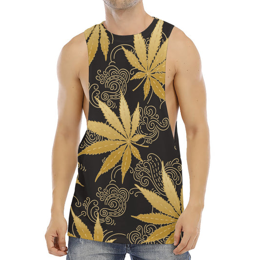 Gold Cannabis Leaf Pattern Print Men's Muscle Tank Top