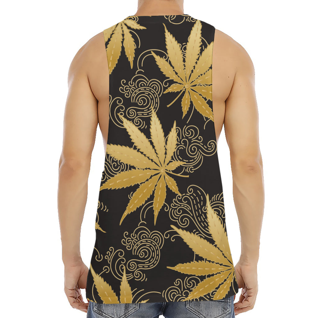 Gold Cannabis Leaf Pattern Print Men's Muscle Tank Top