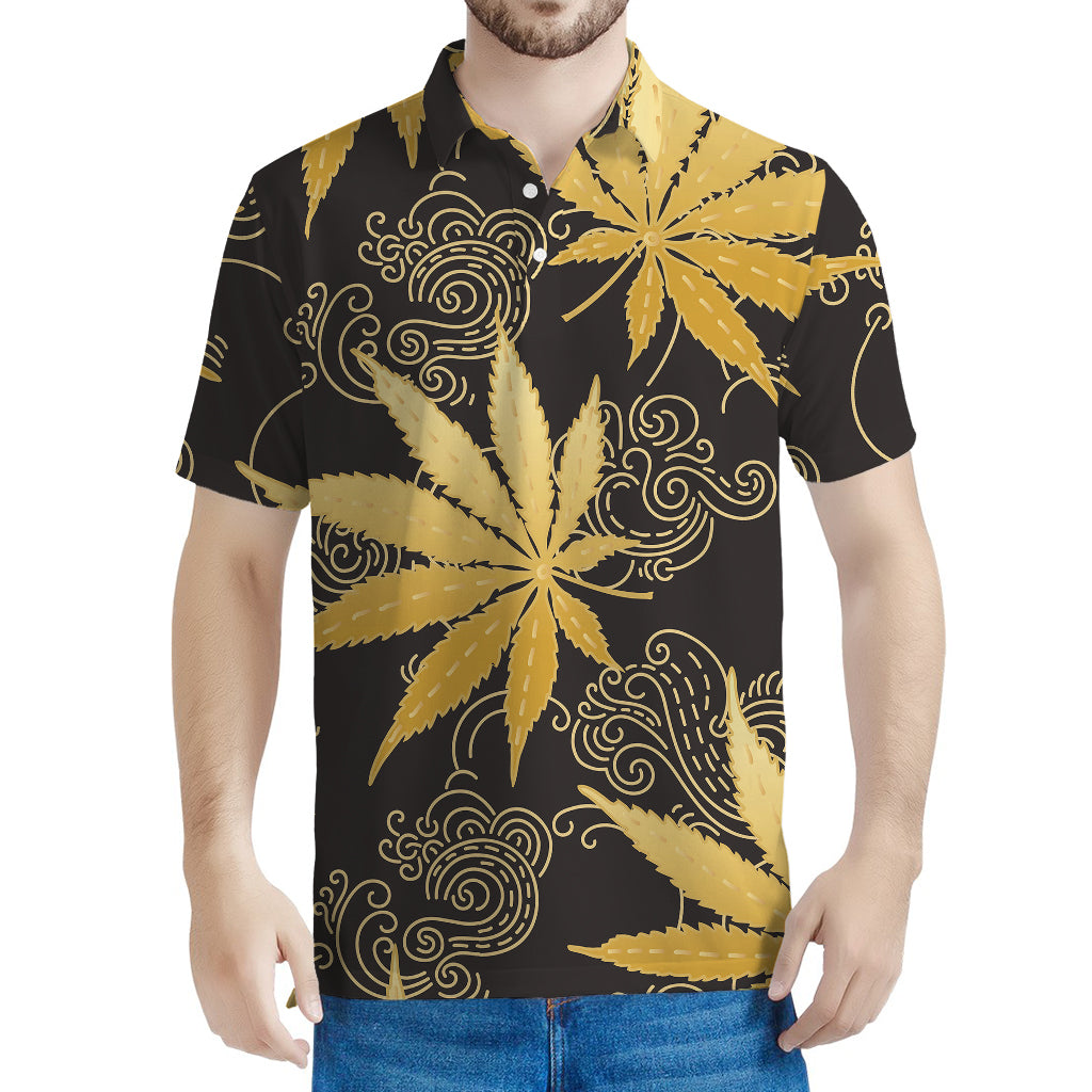 Gold Cannabis Leaf Pattern Print Men's Polo Shirt