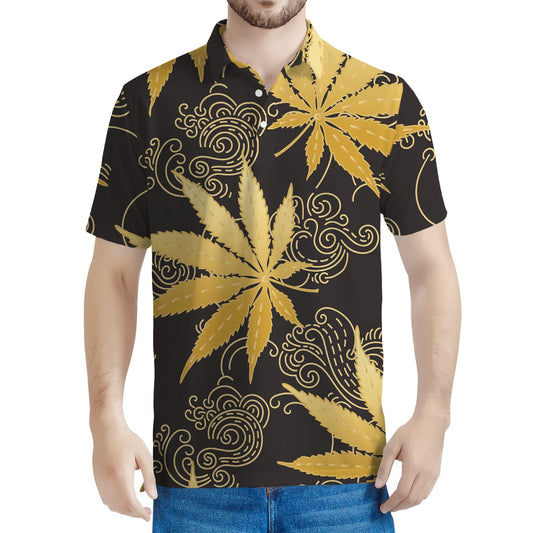 Gold Cannabis Leaf Pattern Print Men's Polo Shirt