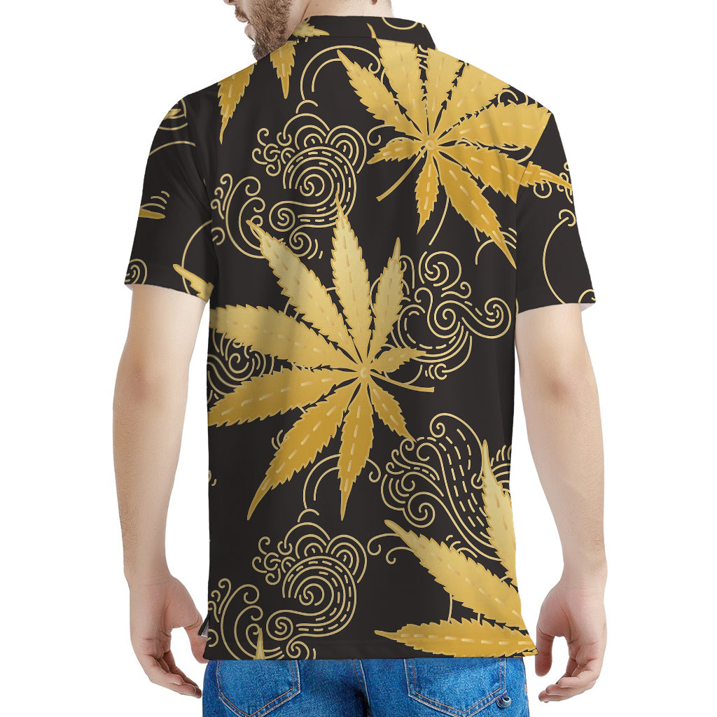 Gold Cannabis Leaf Pattern Print Men's Polo Shirt