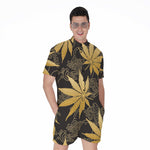 Gold Cannabis Leaf Pattern Print Men's Rompers