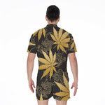 Gold Cannabis Leaf Pattern Print Men's Rompers
