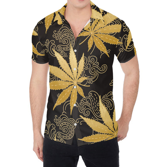 Gold Cannabis Leaf Pattern Print Men's Shirt