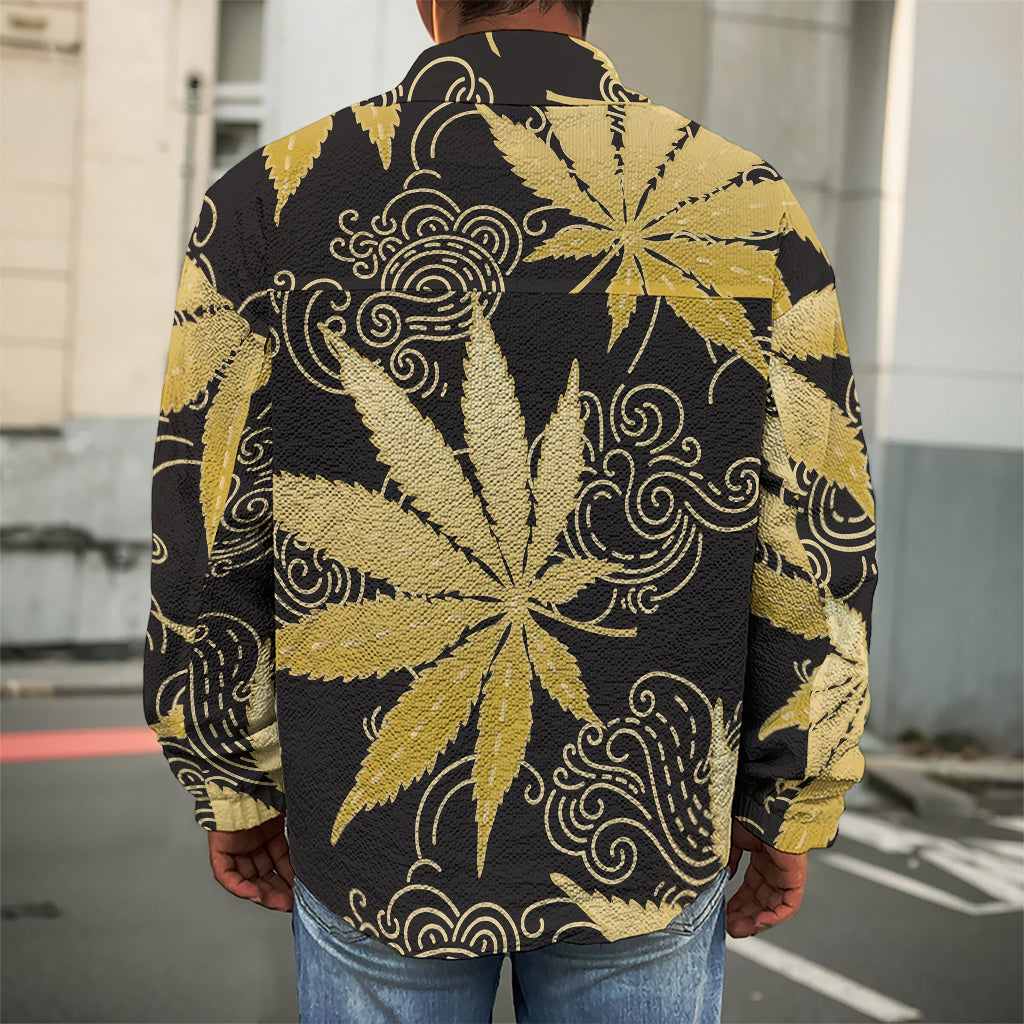 Gold Cannabis Leaf Pattern Print Men's Shirt Jacket