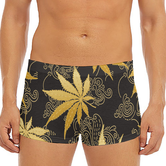 Gold Cannabis Leaf Pattern Print Men's Short Boxer Briefs