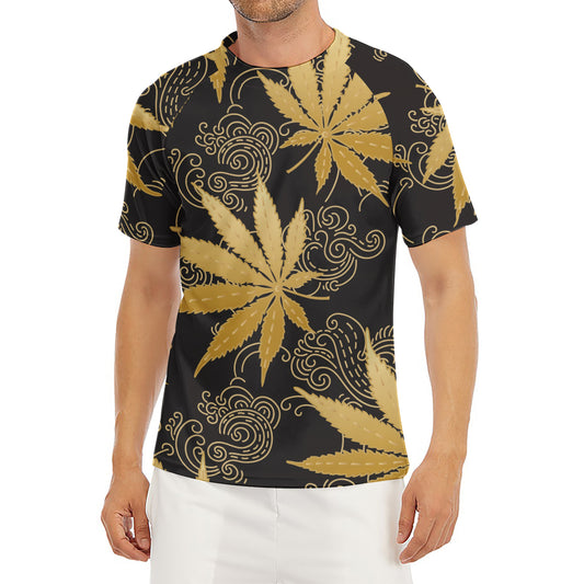 Gold Cannabis Leaf Pattern Print Men's Short Sleeve Rash Guard