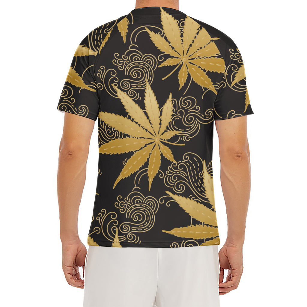 Gold Cannabis Leaf Pattern Print Men's Short Sleeve Rash Guard